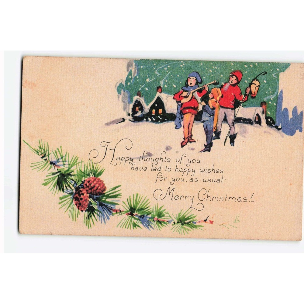 Vintage Gibson Art Company Christmas Postcard Carolers Snowy Village Scene VG